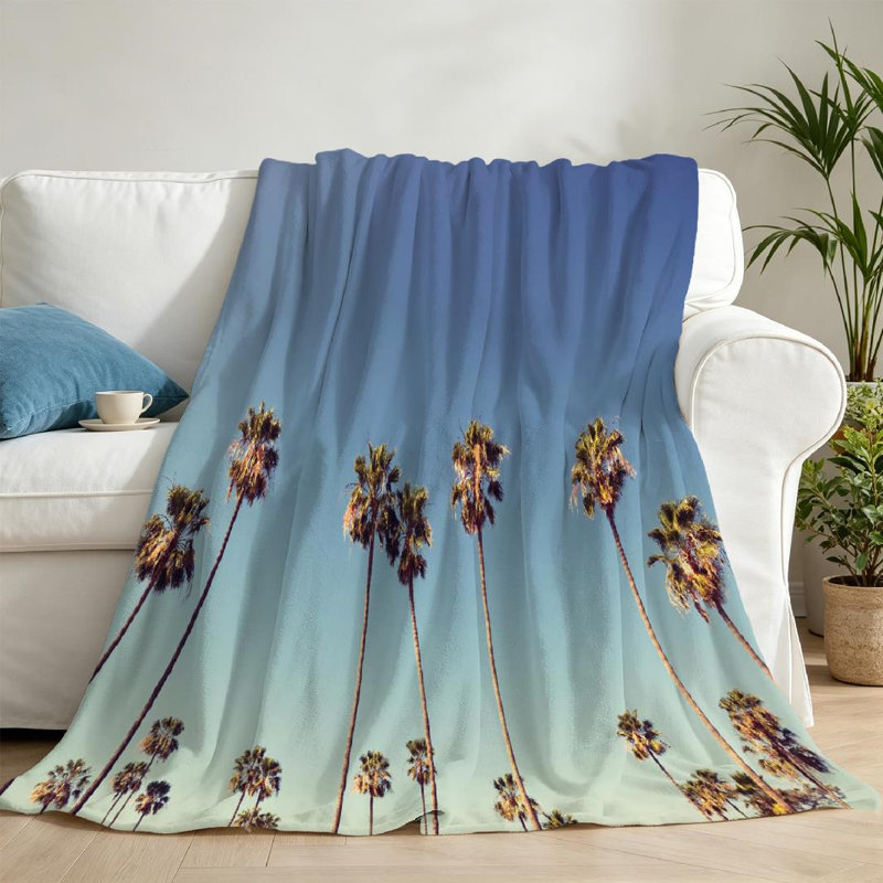 Jeté en flanelle bleue ultra douce, imprimé de palmiers de Californie à une face, Throw 50" x 60"