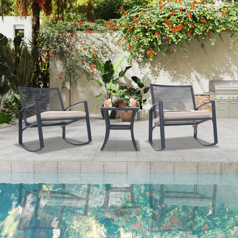 2-person Outdoor Patio Bistro Metal Rocking Conversation Set With Table, Beige