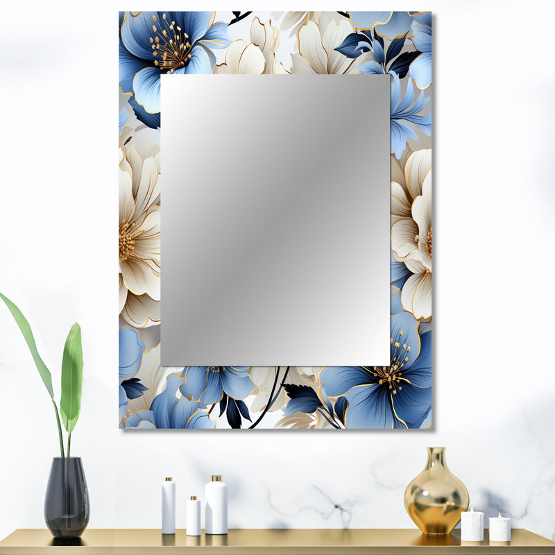 Motif de rêve floral bleu et blanc Zadia - miroir mural floral, 40 po x 30 po