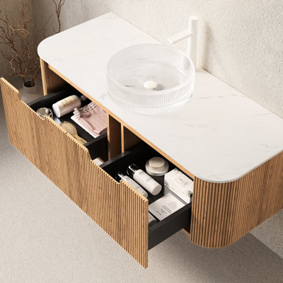 48" Bathroom Vanity With Transparent Round Basin, 3D Wood Grain Cabinet, 2 Drawers, Stable And Natural Finish,