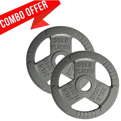Yes4All Tri-Grip Handles Olympic Weight Plates/Cast Iron Weight Plates, Suitable for Barbell Exercises, Strength, Flexibility Training - 25LB (Pair)