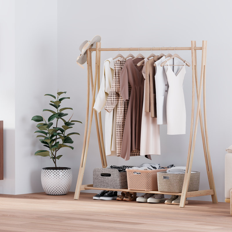 Portemanteaux suspendu en bois avec tablettes de rangement, l 52 po x H 57 po, Bois naturel