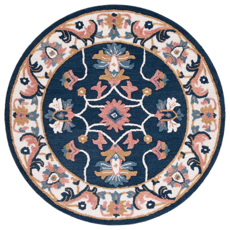 Tapis oriental en laine / coton touffeté à la main Blossom ivoire / bleu, Rond 6 pi
