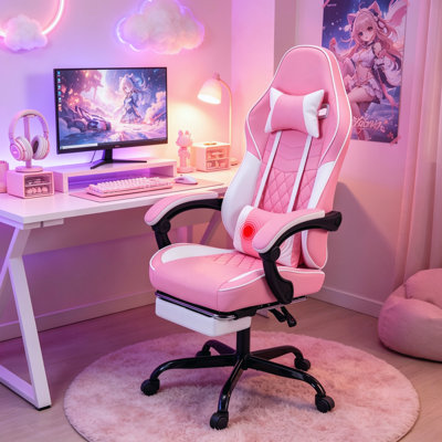 Racing Style Ergonomic Gaming Chair for Adults, Computer Video Game Chair with Massage Lumbar Support, Footrest and Adjustable Headrest, Pink and White