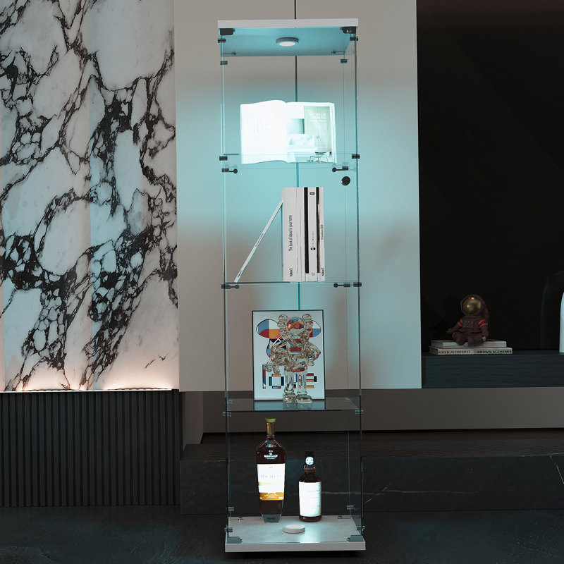 Vitrine à DEL avec 4 tablettes vitrées avec porte et bibliothèque au sol