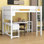 Lit mezzanine double pleine grandeur: structure en bois, bureau, tablettes de rangement, DEL et station de charge