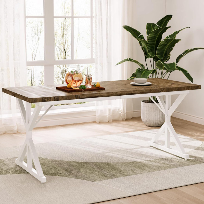 Table de salle à manger 70,87 pouces industrielle pour 6 à 8 personnes avec plateau en bois massif et structure en métal