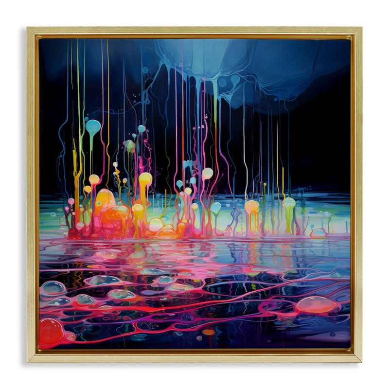 Abstrait paysage mystique abstrait encadré par Nuk Nalandro, Cadre flottant métallique doré, H 25 po x l 25 po