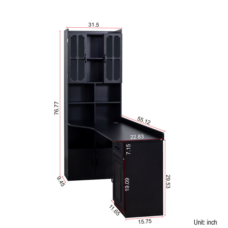L-Shaped Corner Computer Desk with Drawers, Bookshelf and Hutch, Black, 76.77'' H X 55.12'' W X 31.5'' D