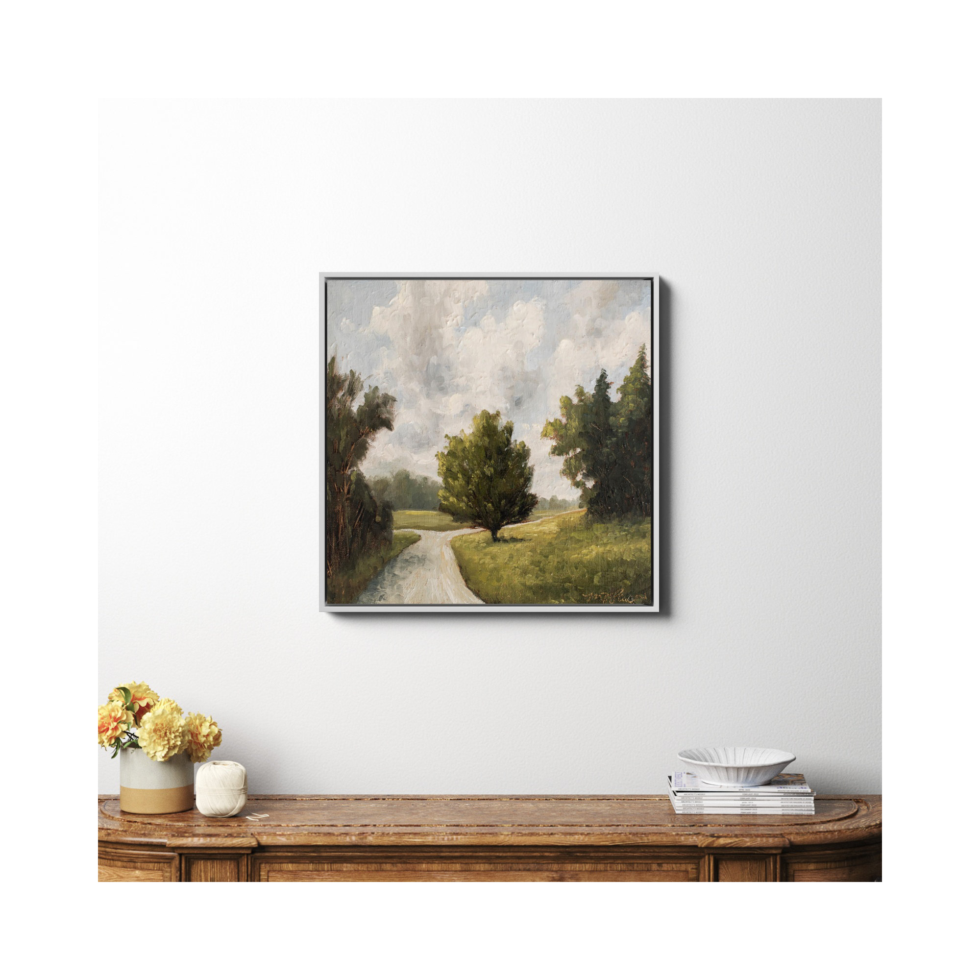 Around The Bend by Miss Mustard Seed, White Framed Canvas, 30" H x 30" W x 2" D, No