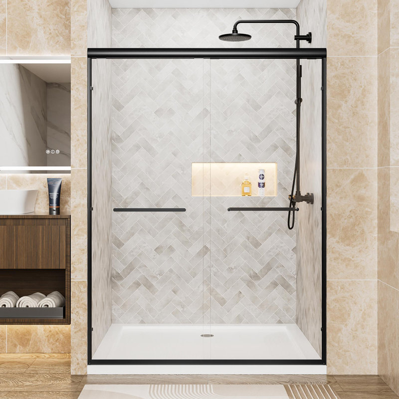 Aluminum Frame Double Sliding Shower Door, 1/4" (6mm) Clear Tempered Glass With Explosion-proof Film, Dual Stainless Steel Handles