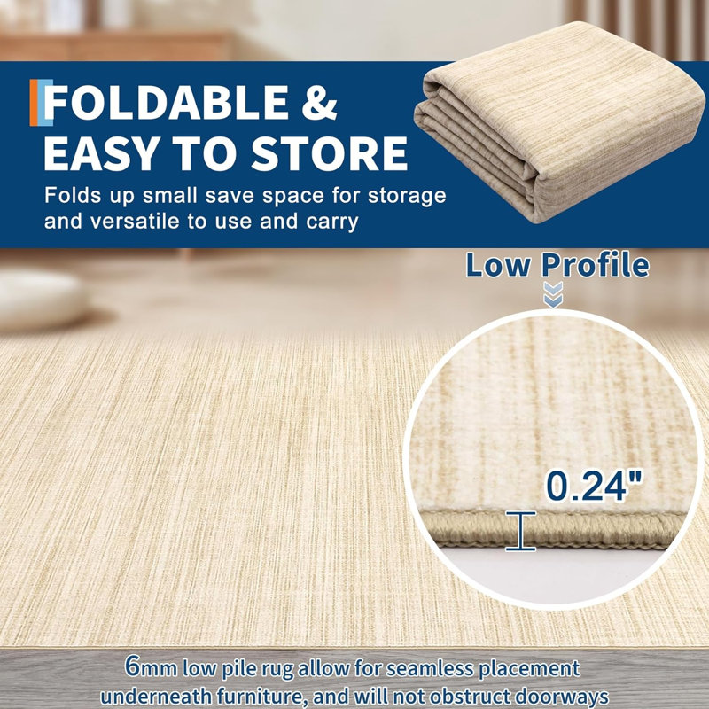2x6 Washable Runner Rug – Beige Solid Color Hallway, Kitchen, Low Pile, Non-Slip, Soft Foldable Mat for Bedside, Laundry