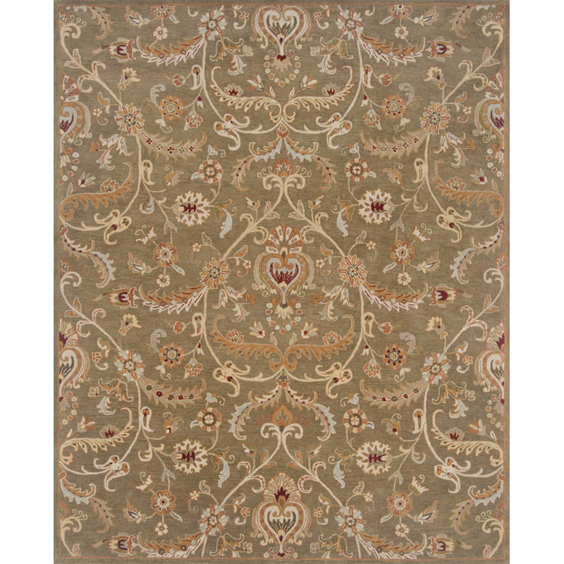 Tapis vert floral en laine touffeté à la main, Rectangle 8 pi x 11 pi