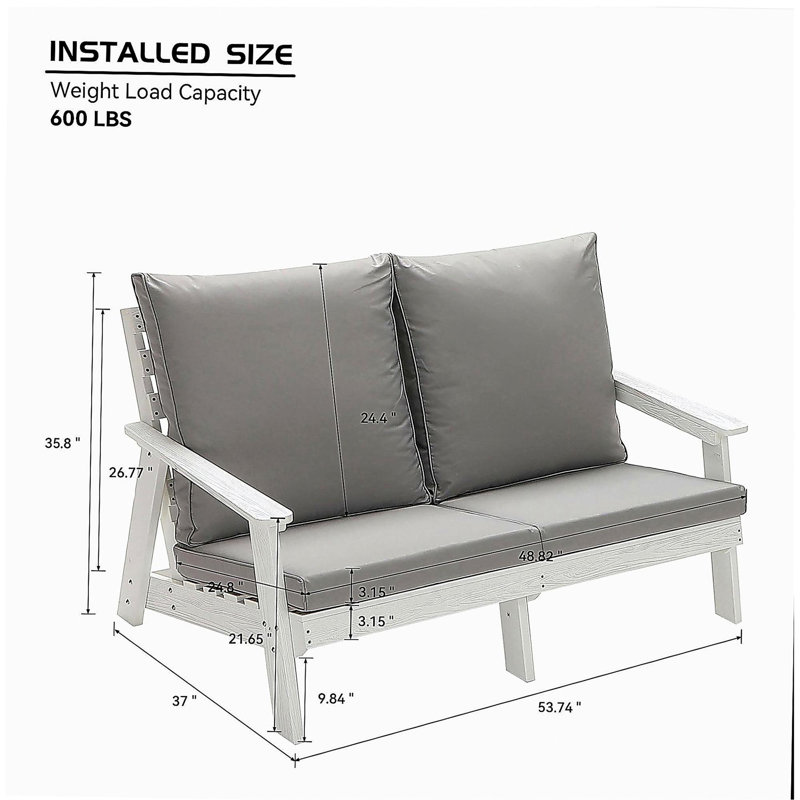 Causeuse avec coussin, canapé de jardin d'extérieur en grain de bois HiPS, blanc / gris