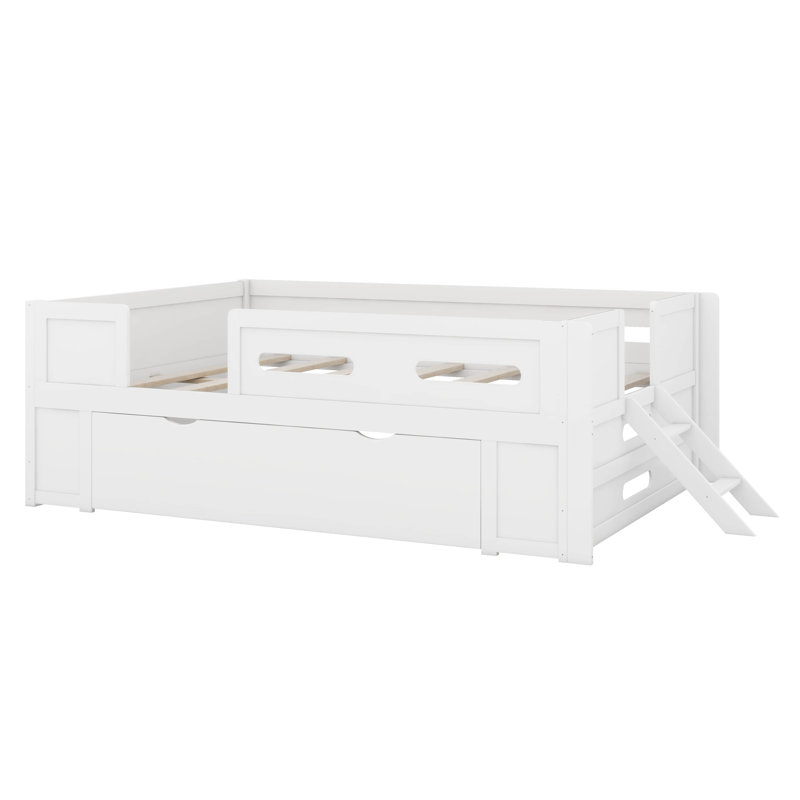 Lit plateforme double avec garde-corps et tiroir, cadre de lit plateforme en bois pour enfants avec support à lattes de bois 