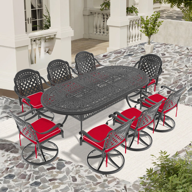 Ensemble repas 9 pièces pour patio d'extérieur en fonte d'aluminium avec chaises pivotantes, coussins et trou pour parasol