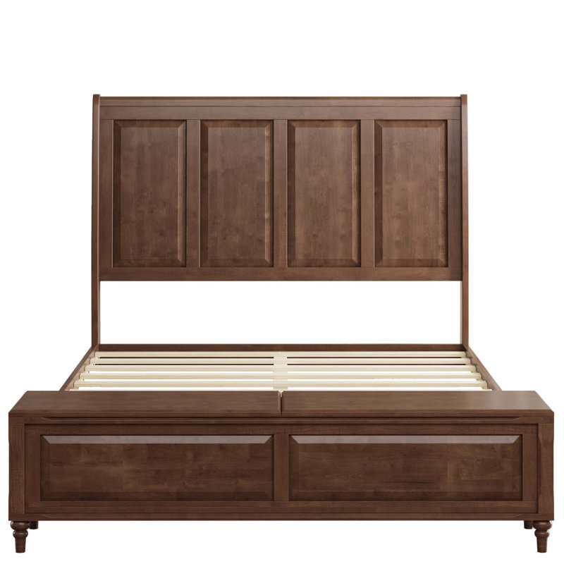 Bed Frame With Tall Headboard And Storage Bench,Soild Wood Sleigh Bed With Storage Chest, Walnut Brown, Queen