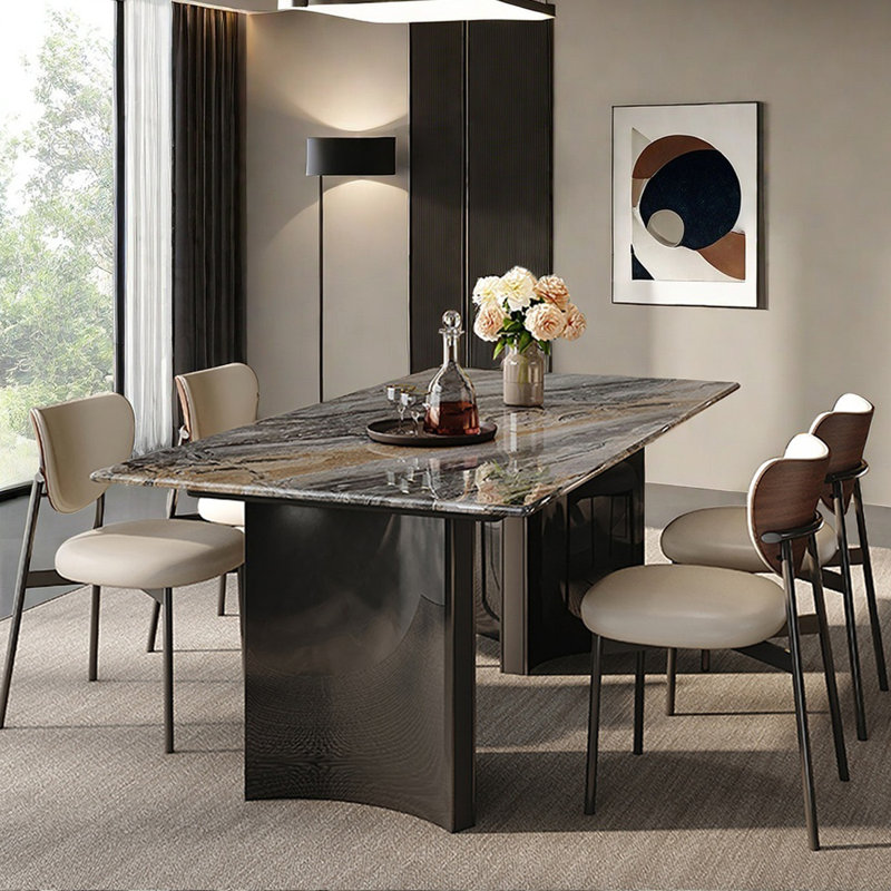 Ensembles de table de salle à manger en marbre brun, H 29,5 po x L 55 po x l 31,5 po, 7 Pieces: Table, 6 Chairs
