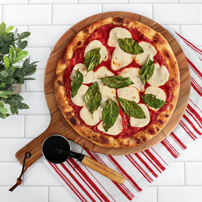 Ensemble 2 pièces de plateau de service et coupe-pizza en bois d'acacia HomeStyle