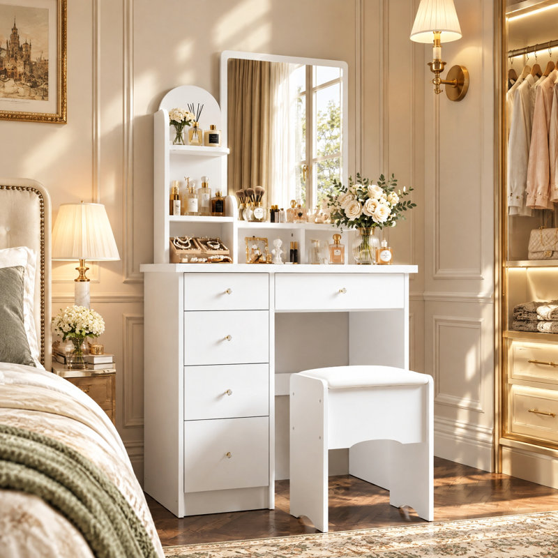 Ensemble coiffeuse de 82 cm de large avec miroir, 5 tiroirs, tablettes ouvertes et tabouret.