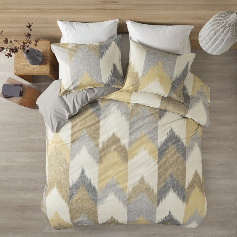 Yellow and Taupe Ikat Cotton King/Cal King Duvet Cover Set