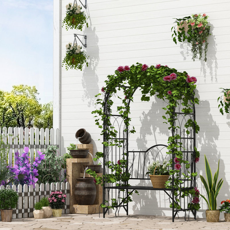 Banc décoratif d'extérieur en métal avec treillis - Capacité de charge : 220 kg, arche et assise noires, motif « Cultiver des raisins », capacité de charge