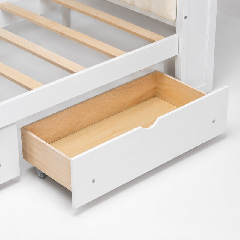 Lit plateforme en bois blanc beige, bureau de chargement avec tiroirs de rangement, Beige, Lit simple