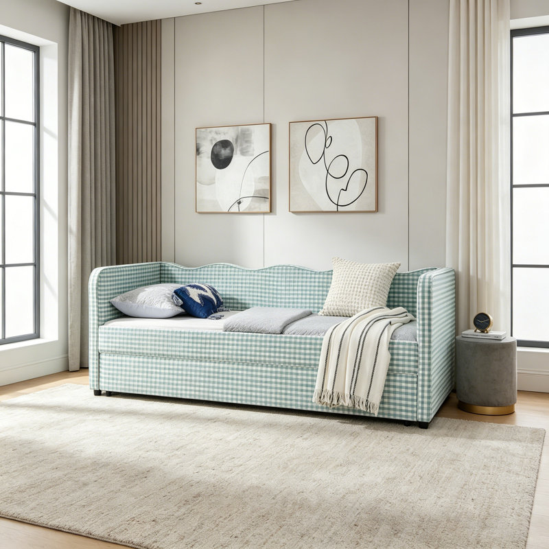 Canapé-lit convertible polyvalent 3-en-1 avec couchette coulissante et poches de rangement latérales Gingham, Cyan, Twin