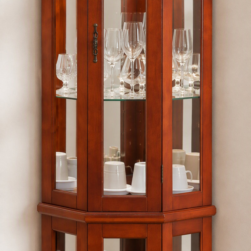 Vitrine de coin avec lumières, tablettes réglables en verre trempé, dos en miroir, vitrine (ampoule E26 non incluse), Walnut