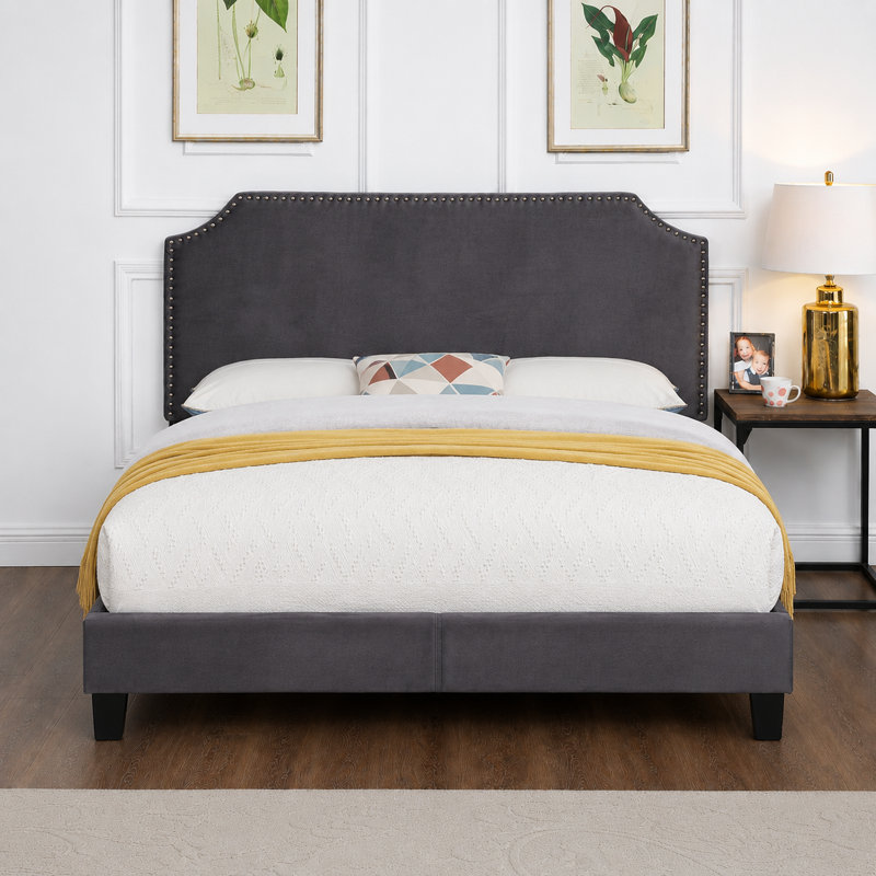 Lit double en velours luxueux avec tête de lit festonnée et garniture cloutée, cadre de lit à tête de lit réglable, anthracite