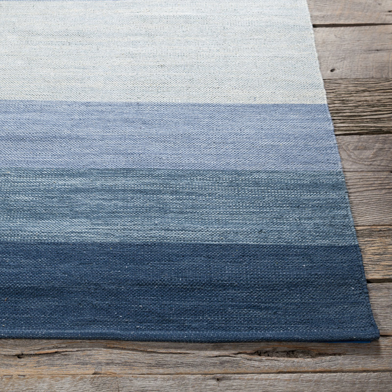 India Hand Loomed Cotton Striped Area Rug in Blue, Rectangle 5' x 7'6"