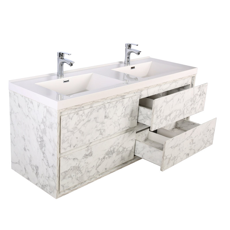 Ensemble de meuble-lavabo double mural 59,5 "Azden, Marbre blanc