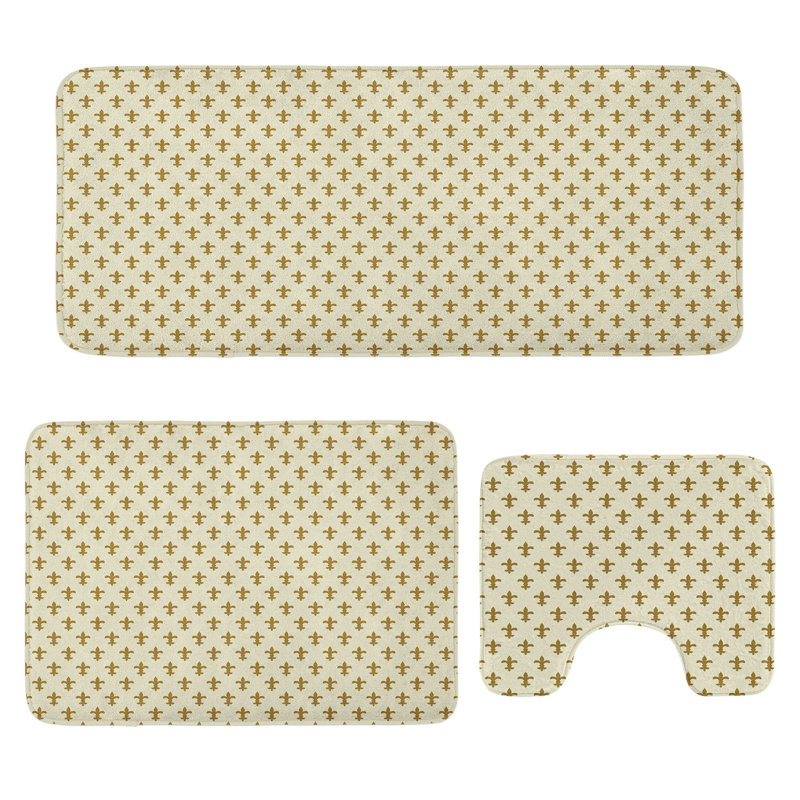  Retro Bathroom Rug Set 3 Pieces U-Shape & Rectangle Mats Cream and Yellow
