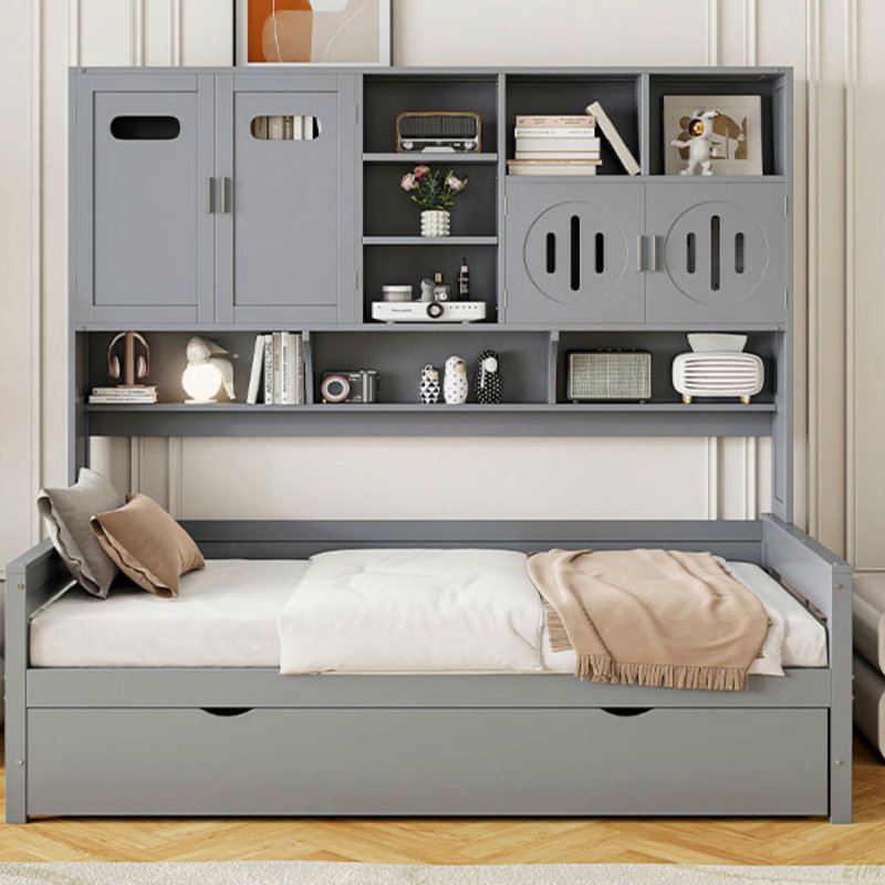 Lit de jour en bois avec lit gigogne simple, armoire et tablette tout-en-un (lit de jour), Lit simple, Gris