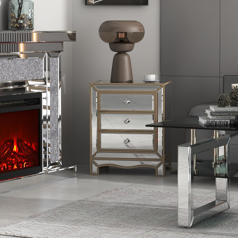 Table de chevet en verre à 3 tiroirs en argent