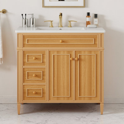 36" Elegant Freestanding Bathroom Vanity with Ceramic Sink, Soft-Close Doors & Flip-Out Drawer - Solid Wood & MDF Modern Design