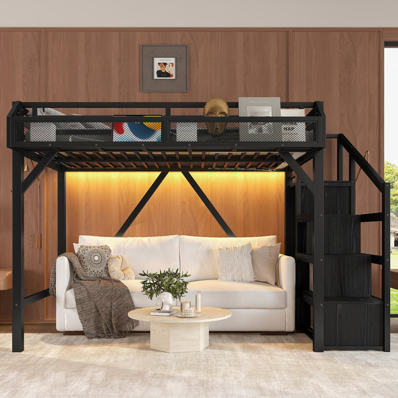 Twin XL Loft Bed with Storage Stairs, Shelves & Built-in Wardrobe, USB Ports & LED Lights, Noise-Reduced, Black, Black