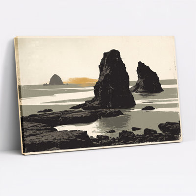 «Black and Beige Sea Stacks at Sunset Coast», art mural sur toile
