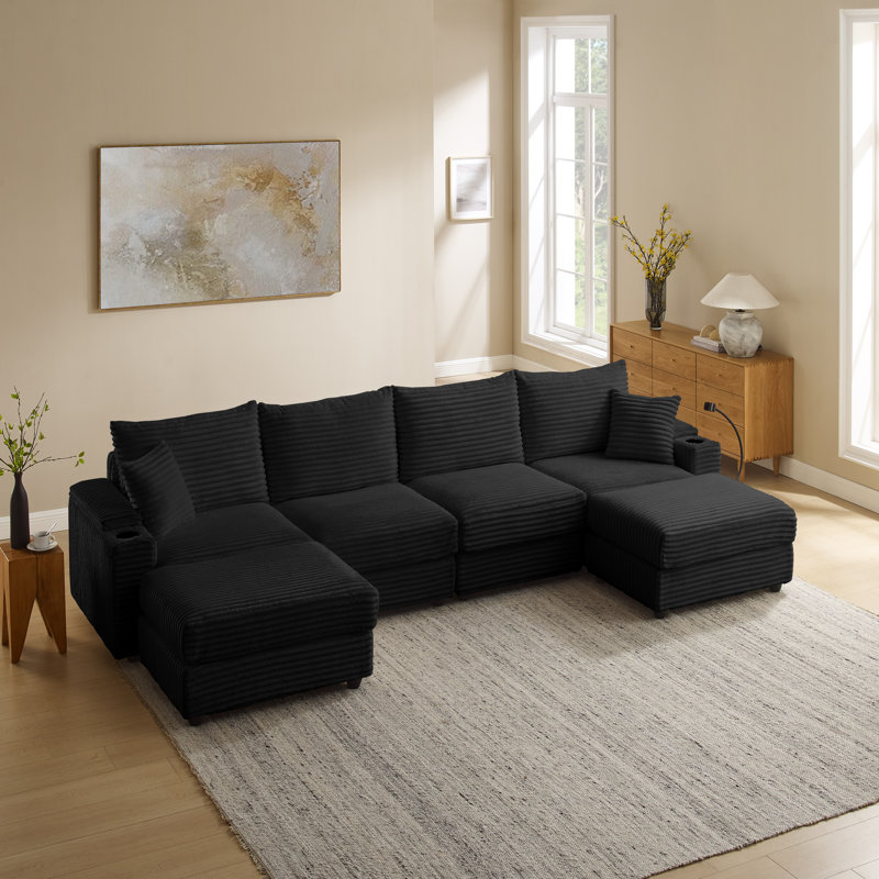 6-Seater U-Shaped Corduroy Sofa Set - with USB Charging Ports, Phone Holders, and Multi-Functional Storage Armrests