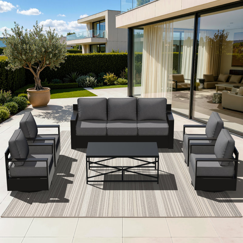 Ensemble de patio d'extérieur 6 pièces avec canapé 3 places, 4 chaises pivotantes et table basse Abdullah, coussin bleu, Gray