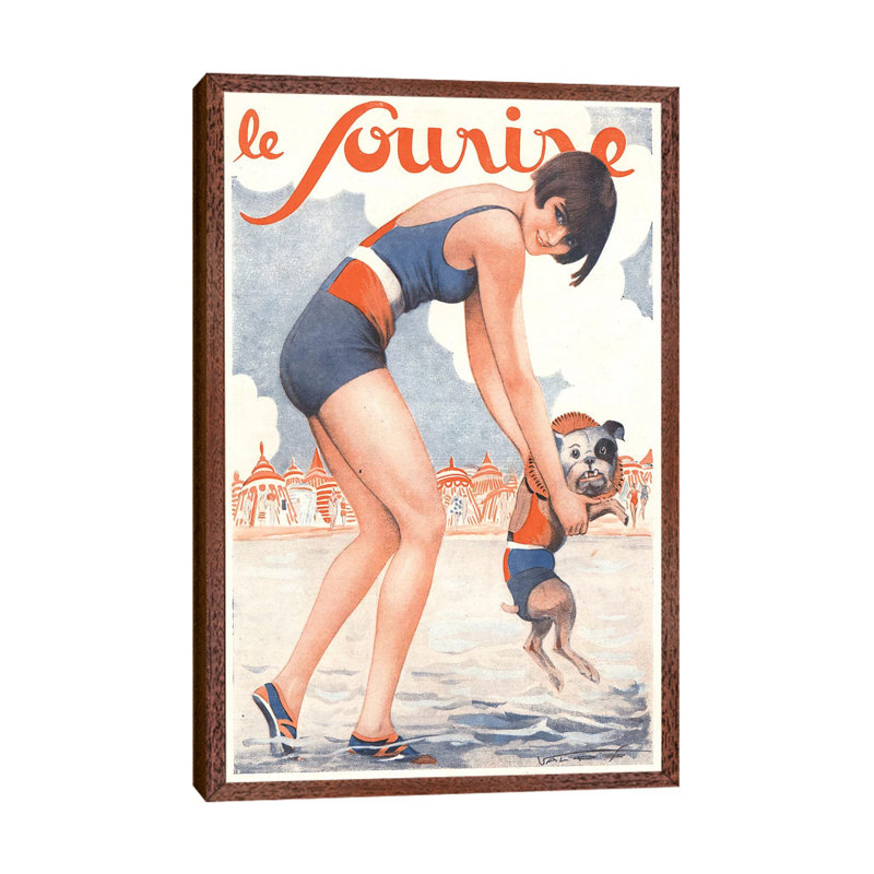 1920s Le Sourire Magazine Cover - Print on Canvas, 66.04cm H x 45.72cm W x 3.81cm D, Classic Brown Wood Floater Framed