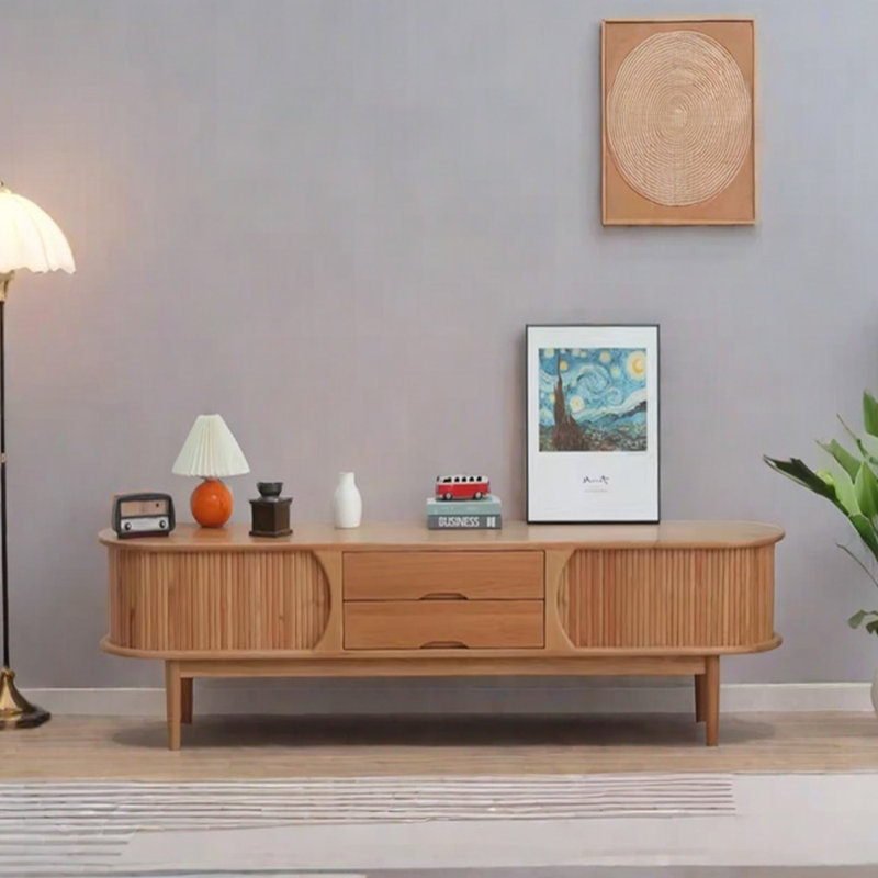 Meuble télé en bois massif de style japonais, 70.86"