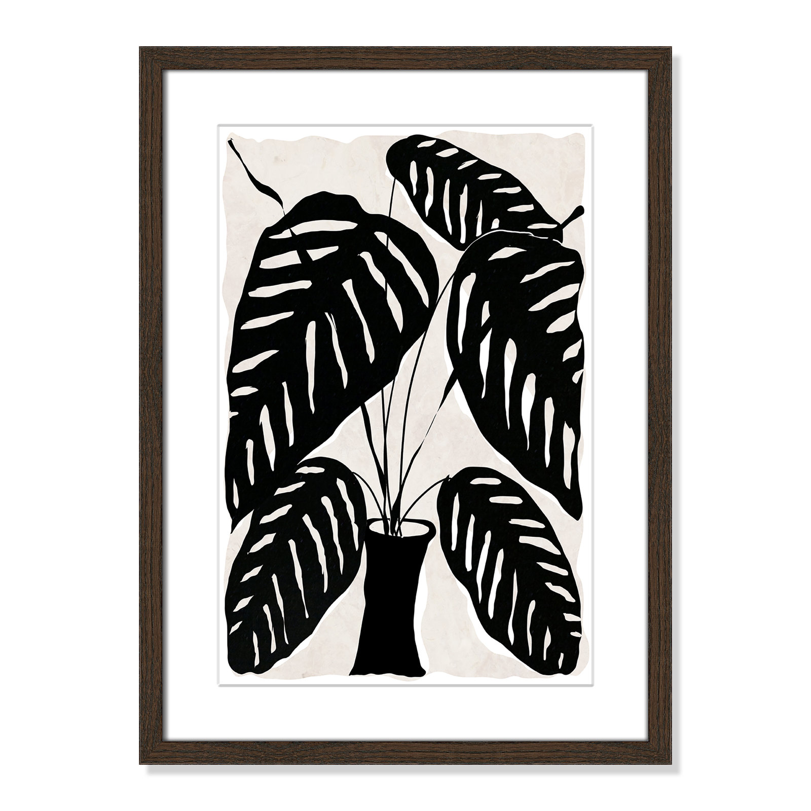 Black and White Potted Plant I Print, 23" H x 17" W x 0.75" D, Walnut Framed