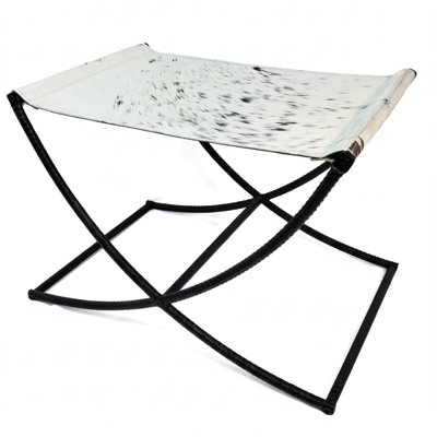 Modern Hair-on-Hide Real Cowhide Sling Accent Stool with Metal Frame