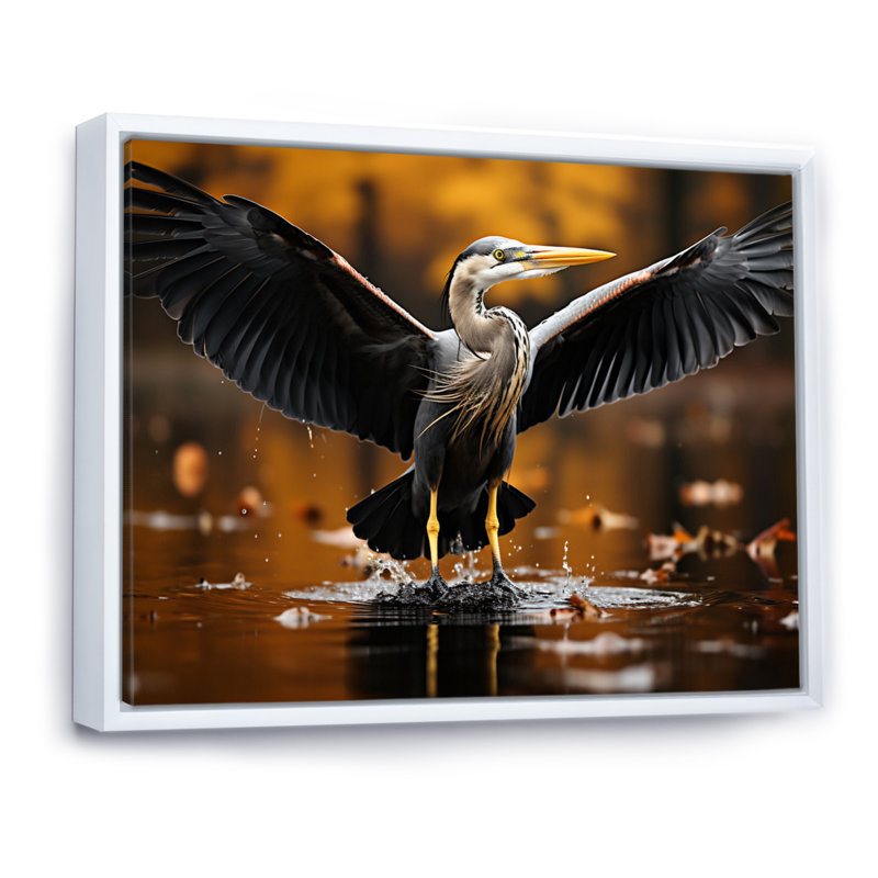 «Yellow Black Heron Elegance» dévoilé sur toile, Cadre flottant blanc, H 12 po x l 20 po x P 1 po