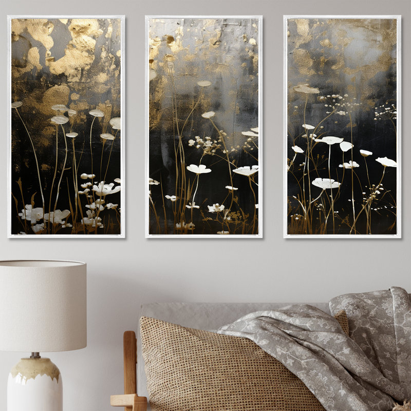 «Gilded Garden Blooming Meadows III», ensemble de reproductions d'art mural, H 28 po x l 36 po x P 1 po, Cadre flottant blanc
