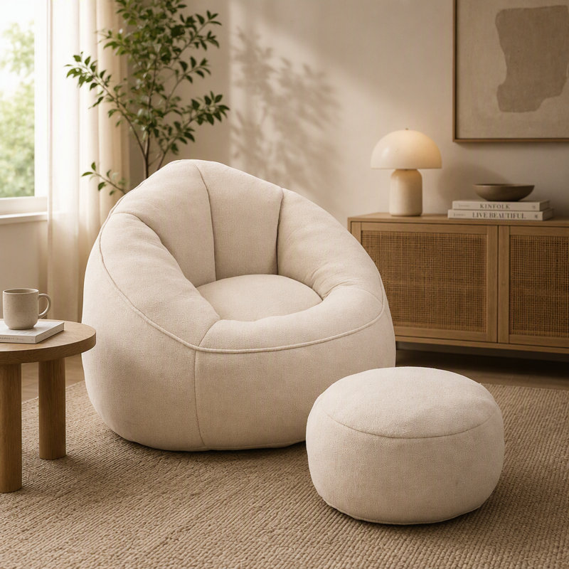 Fauteuil à billes avec repose-pieds, Beige