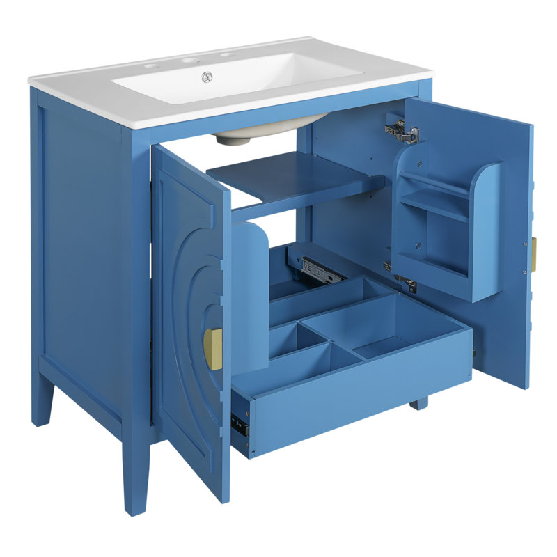 Armoire de rangement 30 po avec portes à fermeture douce, tiroir, tablettes, meuble-lavabo avec lavabo