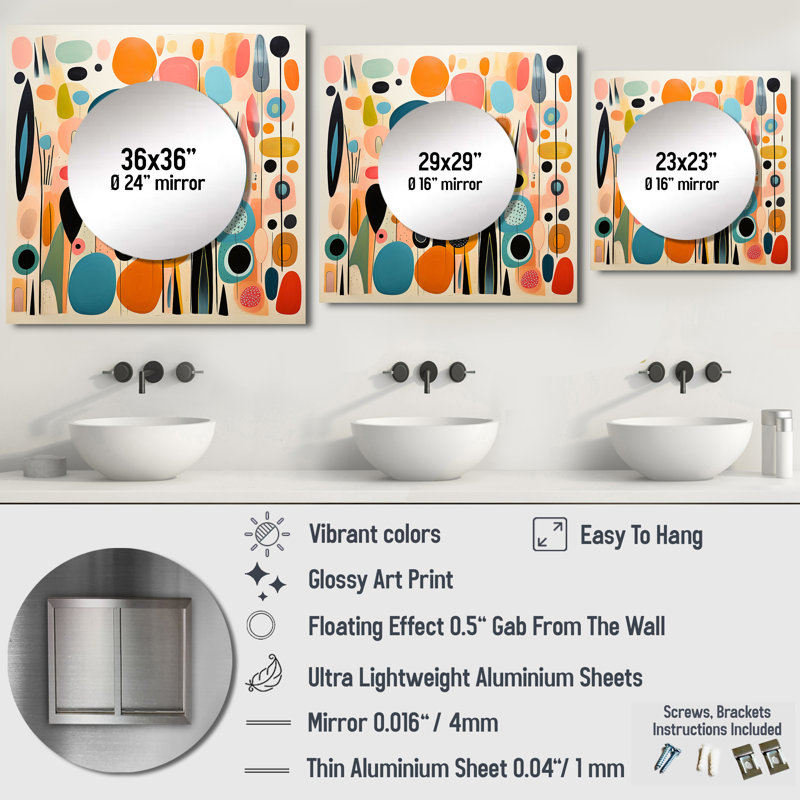 Rose Mid Century Playful Patterns II - miroir carré Mid-Century pour décoration murale, 36 po x 36 po