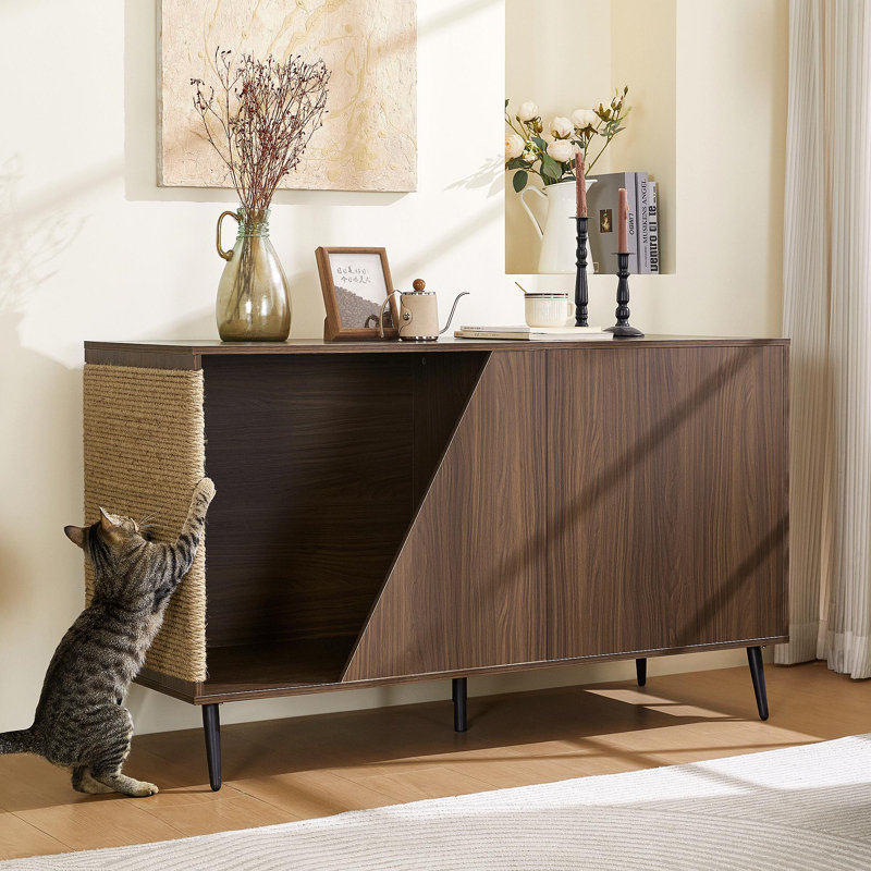 Table d'appoint moderne en noyer 2 en 1 avec porte à ressorts et bac à litière pour chat Cat Sisal